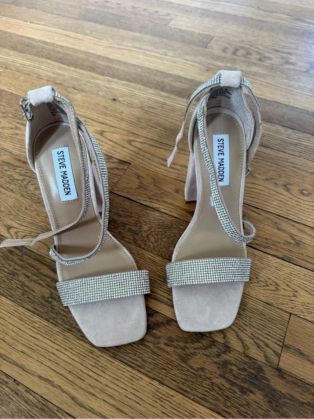 Steve Madden Nude Suede Block Heels with Rhinestone Straps size 7